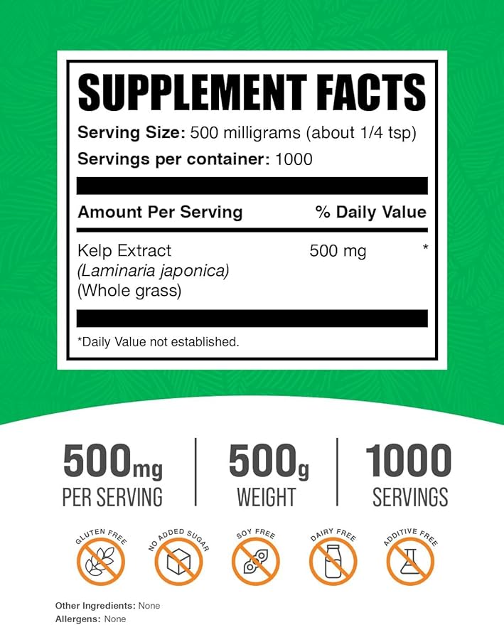 BulkSupplements.com Kelp Extract Powder - Kelp Supplement, Kelp Powder, Brown Seaweed Extract - Seaweed Supplement, Gluten Free, 500mg per Serving, 500g (1.1 lbs) (Pack of 1)