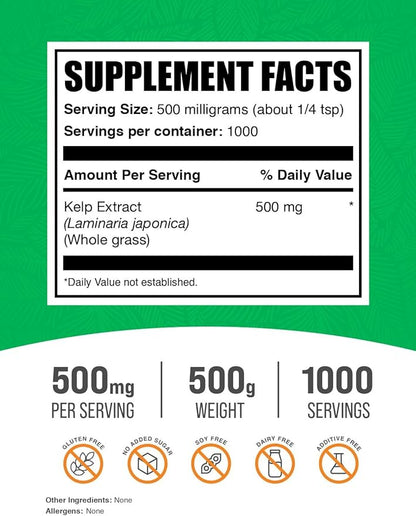 BulkSupplements.com Kelp Extract Powder - Kelp Supplement, Kelp Powder, Brown Seaweed Extract - Seaweed Supplement, Gluten Free, 500mg per Serving, 500g (1.1 lbs) (Pack of 1)