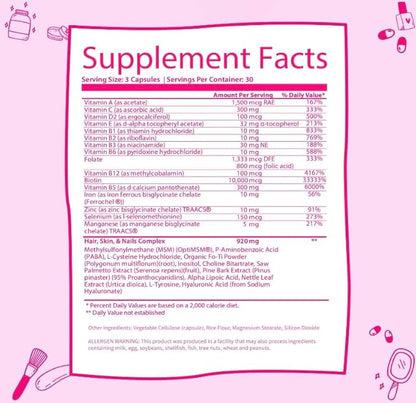 Glow Vitamins - Hair Skin and Nails Multivitamin Supplement - 10,000mcg Biotin Pills with Hyaluronic Acid, Folate, Iron, Magnesium, and Zinc - Boosts Collagen Production, Hair Growth, 180 Capsules