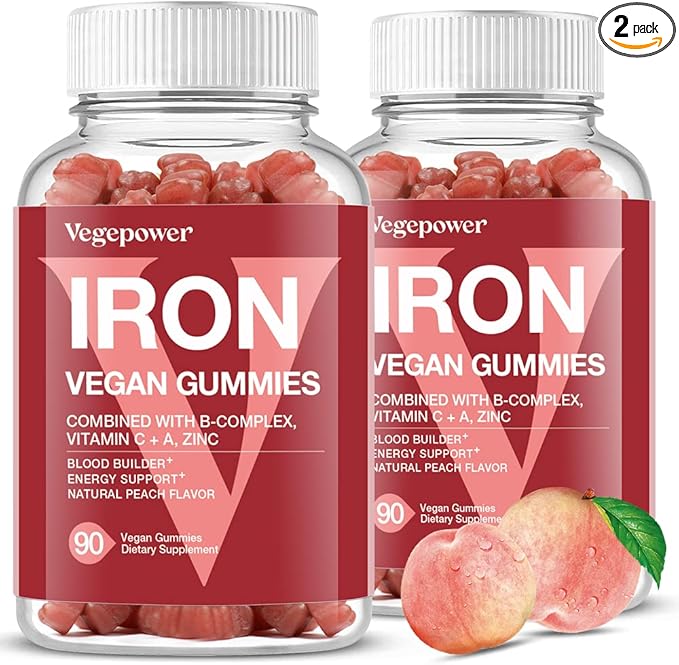 Vegan Iron Gummies Supplement - Multivitamin with Iron for Women & Kids - Blood Builder & Energy Support for Iron Deficiency, Anemia, No After Taste - Peach Flavor（2 Packs）