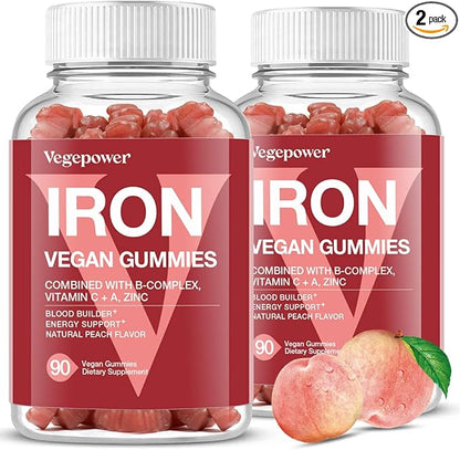 Vegan Iron Gummies Supplement - Multivitamin with Iron for Women & Kids - Blood Builder & Energy Support for Iron Deficiency, Anemia, No After Taste - Peach Flavor（2 Packs）