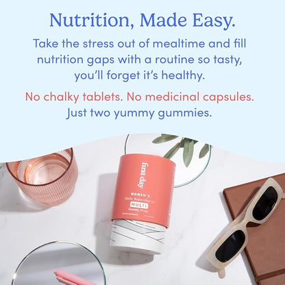 FIRST DAY Women’s Daily Supercharge Multivitamin Gummies – Includes Methylfolate & Methylcobalamin B12, Vitamins A, B1, B6, C, D3, E & K + Magnesium, Zinc, Biotin – Only 2g Sugar – 30 Day Supply