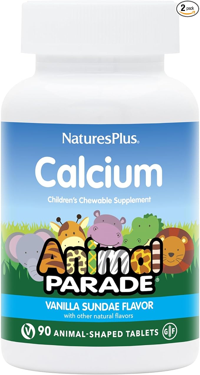 NaturesPlus Animal Parade Calcium, Vanilla Sundae Flavor - 90 Animal-Shaped Chewable Tablets - Pack of 2 - Promotes Healthy Bones - Vegan, Gluten Free - 180 Total Servings