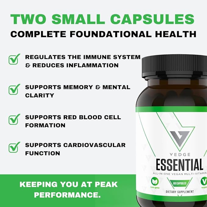 vedge Vegan Omega 3 - Daily Multivitamin Contains Vitamin D, Vitamin B12, Algal Oil for Vegan EPA & DHA - Natural Vitamins, Minerals - 30 Day Supply Nutrition Essential