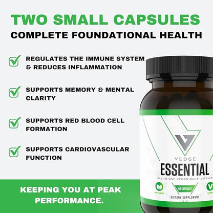 vedge Vegan Omega 3 - Daily Multivitamin Contains Vitamin D, Vitamin B12, Algal Oil for Vegan EPA & DHA - Natural Vitamins, Minerals - 30 Day Supply Nutrition Essential