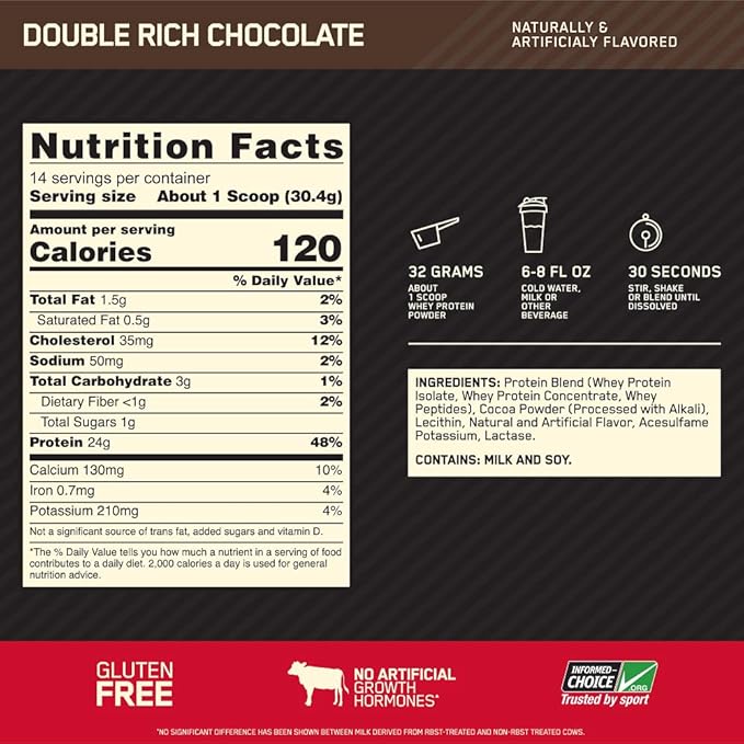 Optimum Nutrition Gold Standard 100% Whey Protein Powder, Double Rich Chocolate, 1 Pound