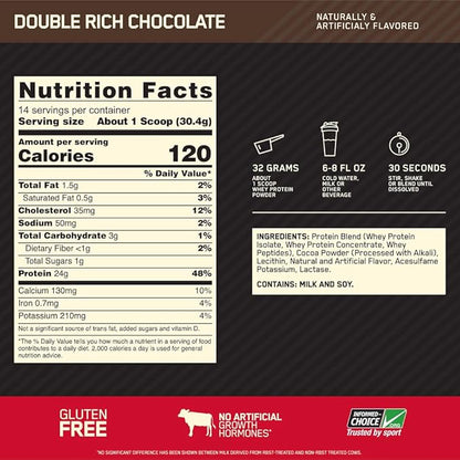 Optimum Nutrition Gold Standard 100% Whey Protein Powder, Double Rich Chocolate, 1 Pound