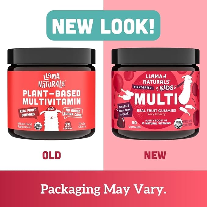 Llama Naturals Real Fruit Gummy Vitamins for Kids, No Added Sugar Cane or Sweeteners, Whole Food Multivitamin, Vegan Toddler Gummies, Plant Based, Organic, Chewable 90 ct (30-60 Days) Cherry