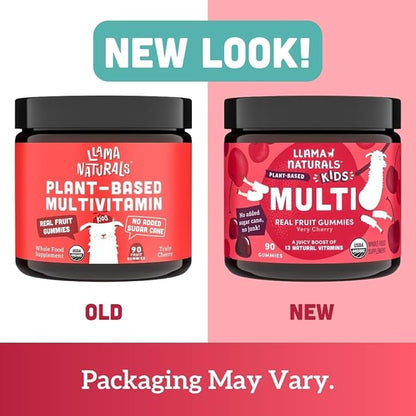 Llama Naturals Real Fruit Gummy Vitamins for Kids, No Added Sugar Cane or Sweeteners, Whole Food Multivitamin, Vegan Toddler Gummies, Plant Based, Organic, Chewable 90 ct (30-60 Days) Cherry