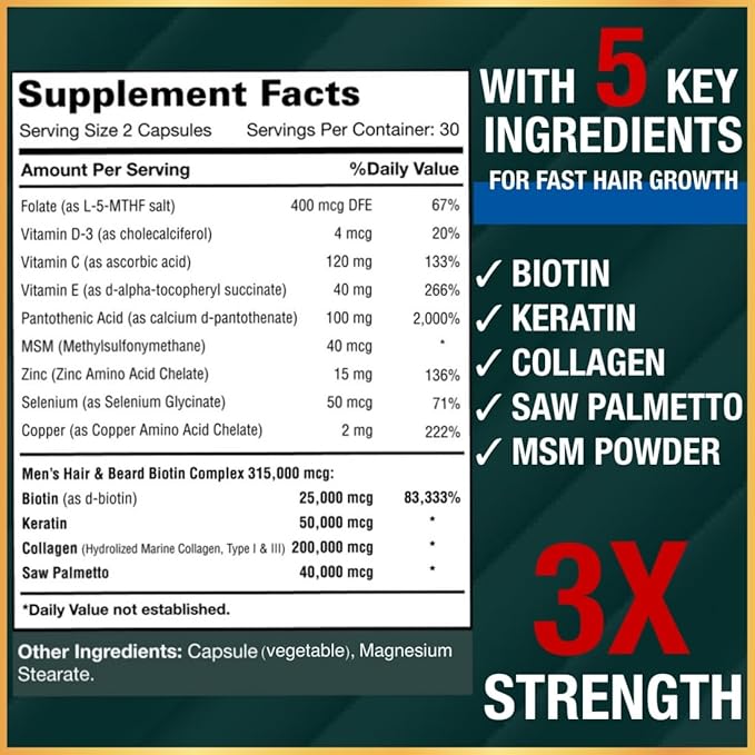 Hair Vitamins for Men Beard Growth MSM Powder Saw Palmetto Hairtonica | Extra Strength 315,000 mcg Biotin Keratin Collagen | May Help Support Hair Loss Greying & Thinning | 60 ct