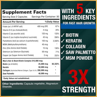 Hair Vitamins for Men Beard Growth MSM Powder Saw Palmetto Hairtonica | Extra Strength 315,000 mcg Biotin Keratin Collagen | May Help Support Hair Loss Greying & Thinning | 60 ct