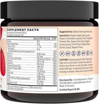 Llama Naturals Womens Multivitamin Gummy | Real Fruit, No Added Sugar Cane | Whole Food Vitamin Gummies | Organic, Vegan, Chewable | 120 ct | 30 Day Supply | Strawberry