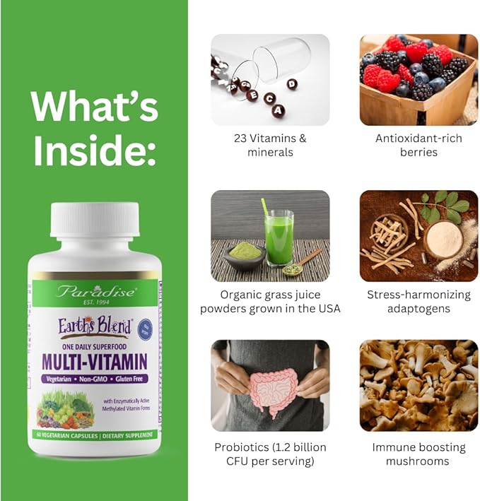 Paradise Herbs Earth's Blend Women's Once Daily Multivitamin with Iron, 48 Organic Superfoods, Probiotics, Antioxidants, Vitamins A, B12, C, D, K2, 120 Capsules
