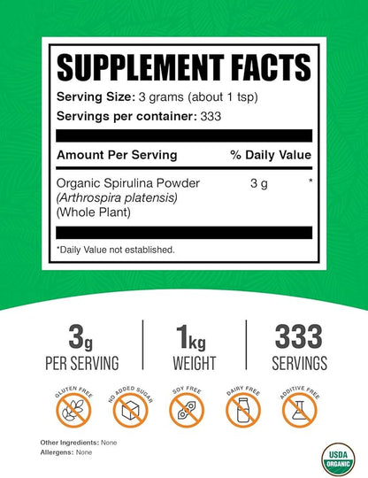 BulkSupplements.com Organic Spirulina Powder - Superfood Powder, Green Spirulina Powder, Spirulina Organic - Vegan-Friendly, 3000mg per Serving, 1kg (2.2 lbs) (Pack of 1)