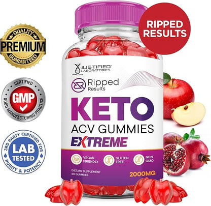 (3 Pack) Ripped Results Keto ACV Gummies Extreme 2000MG Ripped Results Keto Gummies Apple Cider Vinegar Formulated with Pomegranate Beet Juice Powder B12 Vegan Non GMO 180 Gummys