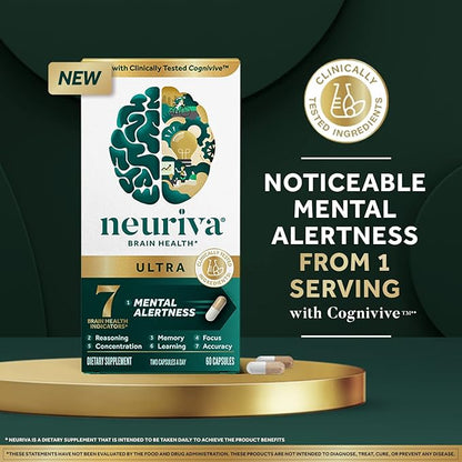 NEURIVA Ultra Decaffeinated Clinically Tested Nootropic Brain Supplement for Mental Alertness, Memory, Focus & Concentration, Cognivive, Neurofactor, Phosphatidylserine, 60ct Capsules (Pack of 2)