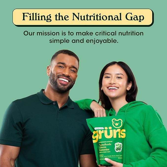 Gruns Adult Sugar-Free Super Greens Gummies - Superfood Gummy Bears with Spirulina, Chlorella & Prebiotics for Digestive Health - Adaptogens Supplement with 20 Vitamins & Minerals - 1 Month Supply