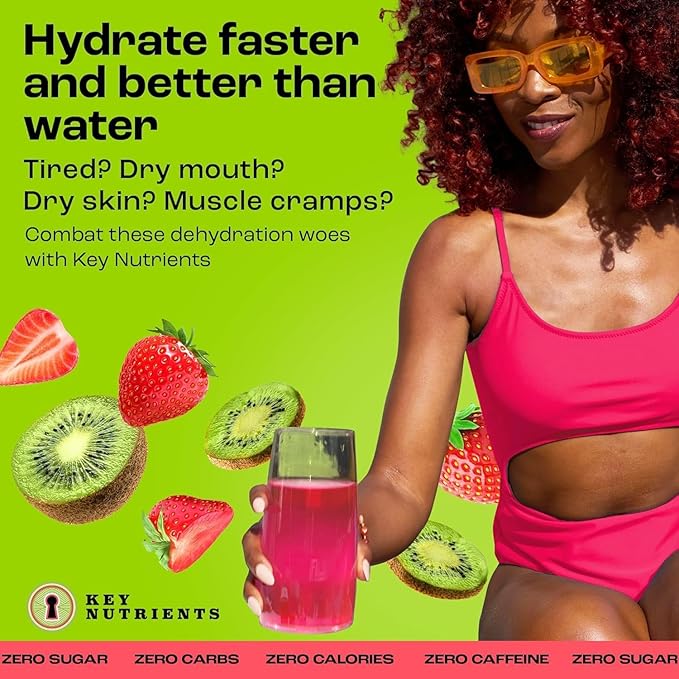 KEY NUTRIENTS Multivitamin Electrolytes Powder No Sugar - Juicy Strawberry Kiwi Electrolyte Powder - Endurance & Energy Supplement - Hydration Powder - No Calories - 90 Servings - Made in USA