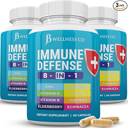 Immune Support 8 in 1 Capsules - Zinc Supplement, Vitamin D3 5000 IU, Vitamin C 1000MG and Elderberry - Immune Booster Supplement with Echinacea, Ginger Root, and Turmeric - [3-Pack, 180 Count]