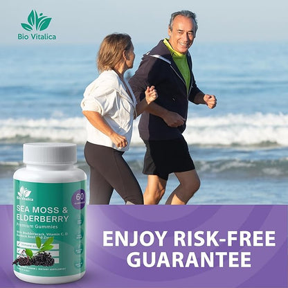 BIO VITALICA Sea Moss Gummies Elderberry BioVitalica - Vitamin C D + Zinc - Irish Seamoss Vegan Gummy with Sea Moss Gel & Powder for Immunity, Detox - for Adults and Kids