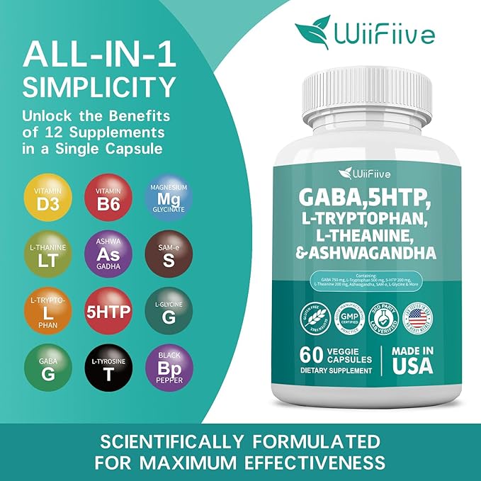 Gaba 750mg 5-HTP 200mg L-Theanine 200mg Ashwagandha 3000mg L-Tryptophan 500mg with Vitamin D3 Vitamin B6 L-Tyrosine Black Pepper SAM-e, Dietary Supplement, Non GMO, NSF Certified, 60 Capsules