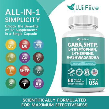 Gaba 750mg 5-HTP 200mg L-Theanine 200mg Ashwagandha 3000mg L-Tryptophan 500mg with Vitamin D3 Vitamin B6 L-Tyrosine Black Pepper SAM-e, Dietary Supplement, Non GMO, NSF Certified, 60 Capsules