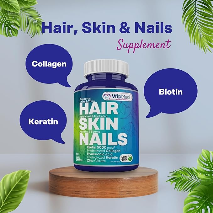 Hair Skin and Nails Vitamins - Collagen Pills for Hair Growth, Biotin 5000mcg to Strengthen Nails and Glowing Skin, Hyaluronic Acid, Vitamin C, E, B6, Keratin Hair Treatment (60)