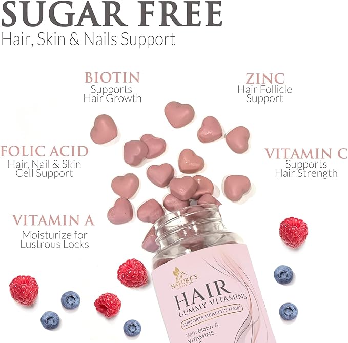 Sugar Free Hair Vitamins Gummies with Biotin 5000 mcg, Vitamin A, B12, C, D, E, Folic Acid, Supports Hair Growth Gummy, Vegetarian Friendly, Supports Strong Beautiful Hair and Nails - 60 Gummies