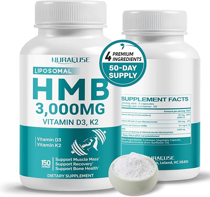 Liposomal HMB 3000mg with Vitamin D3, K2 - Support Muscle Mass, Recovery, Bone Health - Made and Tested in The USA