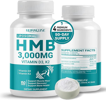 Liposomal HMB 3000mg with Vitamin D3, K2 - Support Muscle Mass, Recovery, Bone Health - Made and Tested in The USA