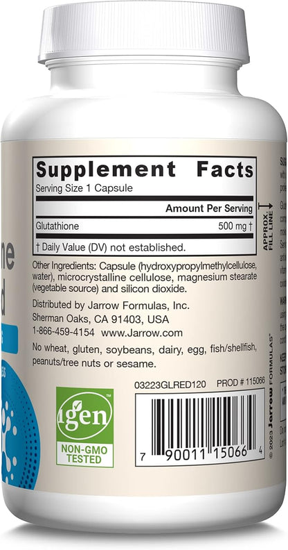 Jarrow Formulas Glutathione Reduced 500 mg - 120 Veggie Capsules - Intracellular Antioxidant - Quality Glutathione Supplements - Supports Recycling of Vitamins C & E - Non-GMO - Gluten Free - Vegan