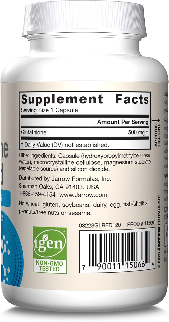Jarrow Formulas Glutathione Reduced 500 mg- 120 Veggie Capsules- Intracellular Antioxidant- Quality Glutathione Supplements- Supports Recycling of Vitamins C & E- Non-GMO- Gluten Free- Vegan, 12 Packs
