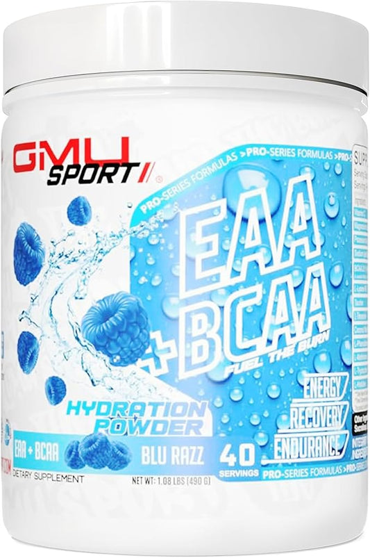 GMU SPORT - BCAA & EAA Hydration & Recovery Powder -Full Essential Amino Acids Profile Hydration Powder for Energy, Fast Recovery & Endurance - 40 Servings, Electrolyte Drink for Athletes (Blue Razz)