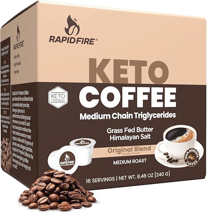 Rapidfire Original Flavor High Performance Keto Coffee Pods, Supports Energy & Metabolism, Single Serve K Cup, Brown, 16 Count