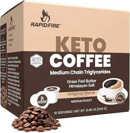 Rapidfire Original Flavor High Performance Keto Coffee Pods, Supports Energy & Metabolism, Single Serve K Cup, Brown, 16 Count