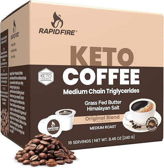 Rapidfire Original Flavor High Performance Keto Coffee Pods, Supports Energy & Metabolism, Single Serve K Cup, Brown, 16 Count