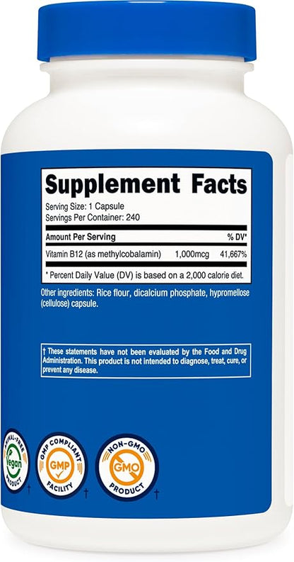 Nutricost Vitamin B12 (Methylcobalamin) 1000mcg, 240 Capsules - Vegetarian, Non-GMO & Gluten Free B12 Supplement