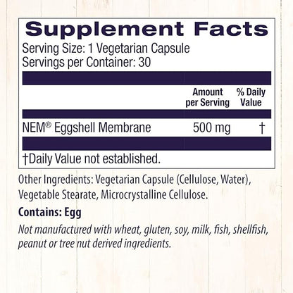 Healthy Origins Eggshell Membrane (NEM), 500 mg - Natural Collagen and Joint Support Supplement - Gluten-Free Supplement - 30 Veggie Capsules