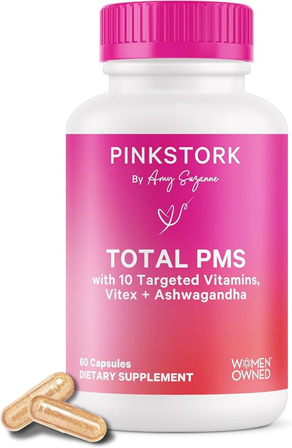 Pink Stork PMS Supplement for Women - Vitex, Ashwagandha, Maca Root & 10 Vitamins & Minerals to Support Hormone Balance, Mood, Bloating, Period Regularity - 60 Capsules