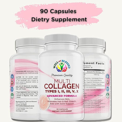 Multi Premium Collagen Supplements for Women with Vitamin C, E -Tighten Skin, Reduce Wrinkles, Strong Nails, Joints & Hair Growth - Anti Aging Skin Care Supplements for Women -90 Capsules