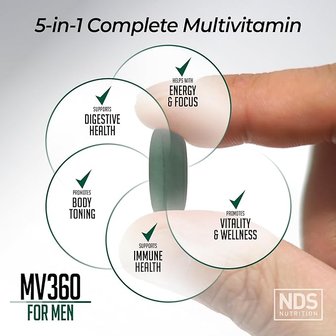 NDS Nutrition MV360 For Men, 5-in-1 Complete Multivitamin for Men with Essential Mens Vitamins for Energy, Digestion, Toning, Immune Support, and Mens Health & Vitality, 60 Tablets, 30 Servings