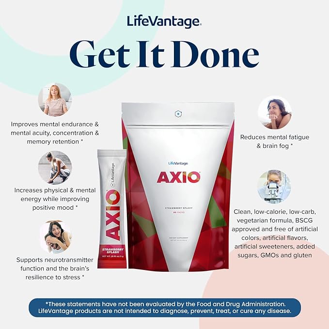 AXIO Regular Energy Drink Powder, Strawberry Splash, 30 Packets, Instant Energy Powder, Energy Supplement in a Drink Mix, w/B Vitamins, DMAE, L-Theanine, Quercetin, Green Tea & Pine Bark Extract