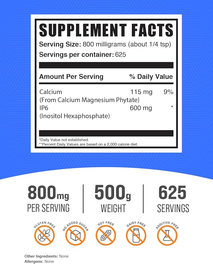 BulkSupplements.com IP6 Powder - Inositol Hexaphosphate, IP6 Supplement - Inositol Supplement for Immune Support, Gluten Free, 800mg per Serving, 500g (1.1 lbs) (Pack of 1)