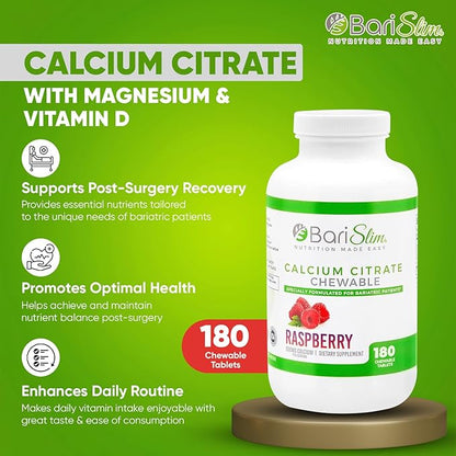 BariSlim Bariatric Calcium Citrate with Magnesium & Vitamin D Tabs - 500mg Calcium Citrate - Formulated for Post Weight Loss Surgery - Supports Bone Health | Raspberry Flavor