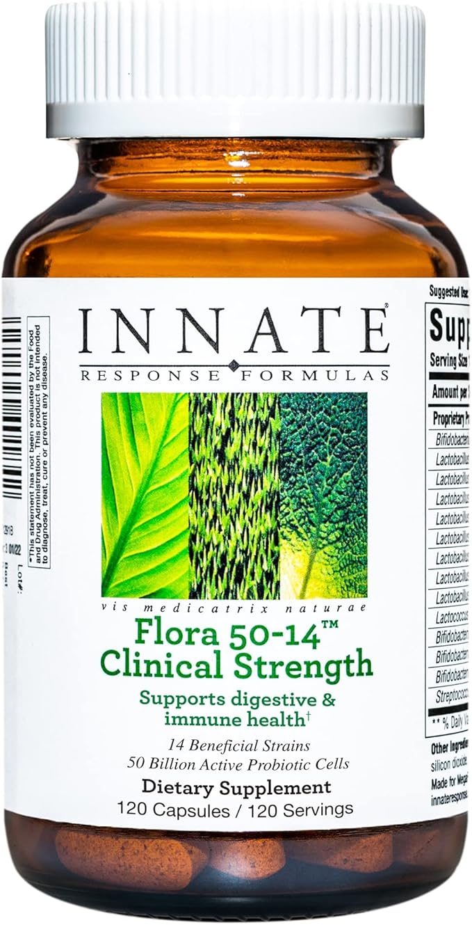 Innate Response Formulas Flora 50-14 Clinical Strength - Probiotic Supplement with 50 Billion CFU - 14 Probiotic Strains - Vegan and Non-GMO - Made Without 9 Food Allergens - 120 Capsules
