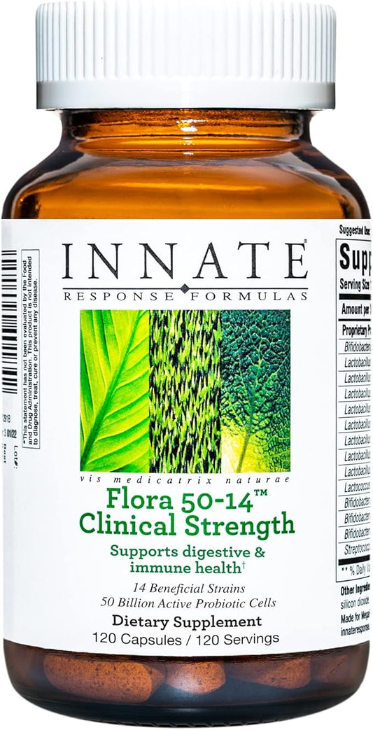 Innate Response Formulas Flora 50-14 Clinical Strength - Probiotic Supplement with 50 Billion CFU - 14 Probiotic Strains - Vegan and Non-GMO - Made Without 9 Food Allergens - 120 Capsules