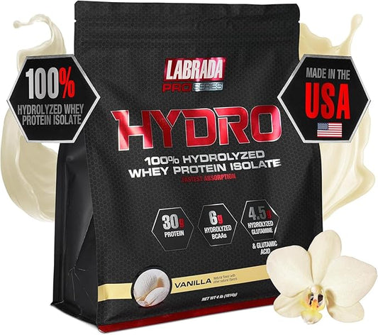 Labrada Hydro 100% Pure Hydrolyzed Whey Protein Isolate Powder, Lactose Free, Glutamine, Fastest Digesting Whey Available, Instant Mixing, Delicious Taste 48 Servings 4lb (Vanilla)