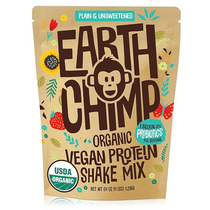 EarthChimp Organic Vegan Protein Powder - with Probiotics - Non GMO, Dairy Free, Non Whey, Plant Based Protein Powder for Women and Men, Gluten Free - 52 Servings, 64 Oz (Plain & Unsweetened)