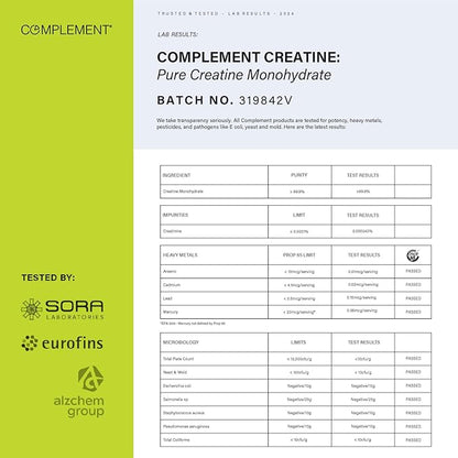 Complement Creatine Monohydrate Micronized Powder for Women and Men (5g, 60 Servings) Pre Workout, Post Workout, Muscle Recovery, Brain Health, Longevity- Vegan, Unflavored