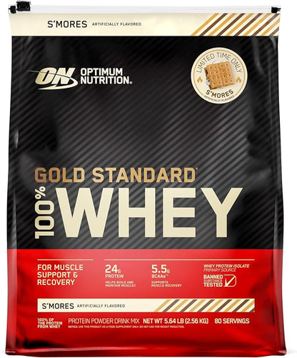Optimum Nutrition 100% Gold Standard Whey Protein Powder - Protein Powder with a Blend of Hydrolyzed, Isolate and Whey Protein - Protein Powder for Muscle Recovery - S'Mores, 5.64 lb (80 Servings)